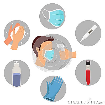 Collection of flat, color, vector icons. Coronavirus and epidemy protection. Stock Photo