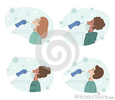 Different people in medical face mask taking coronavirus test with nasal swab probe in hospital laboratory set. Vector Illustration