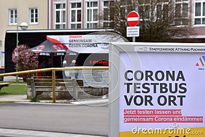 Corona test bus `Together against Corona` from the state of Upper Austria Editorial Stock Photo