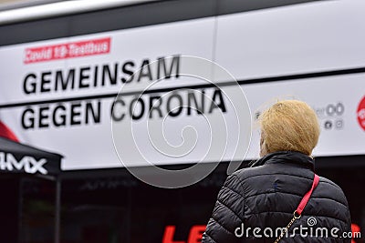 Corona test bus `Together against Corona` from the state of Upper Austria Editorial Stock Photo