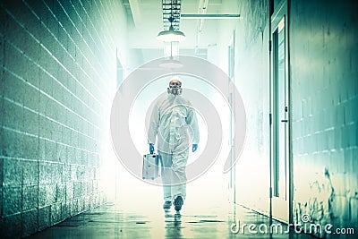 Corona virus concept. male doctor waliking in coridor with biohazard case Stock Photo