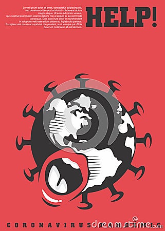 Corona virus conceptual poster design with earth symbol and red background. Vector Illustration