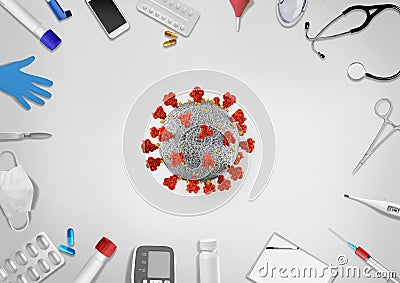 Corona virus COVID-19 microscopic virus corona virus disease 3d illustration with medical assistance tools equipments Cartoon Illustration