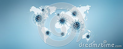 Corona virus covid 19 protection concept, covid symbols icons on the world map in the blue background, copy space and web banner Stock Photo