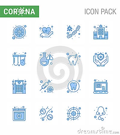 Corona virus disease 16 Blue icon pack suck as test, hospital, germs, clinic, health care Vector Illustration