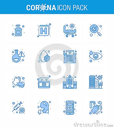 Corona virus 2019 and 2020 epidemic 16 Blue icon pack such as research, flask, hospital, search, germs Vector Illustration