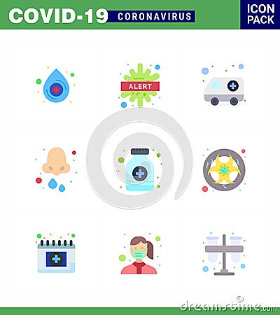 Corona virus 2019 and 2020 epidemic 9 Flat Color icon pack such as pills, health, ambulance, drops, allergy Vector Illustration