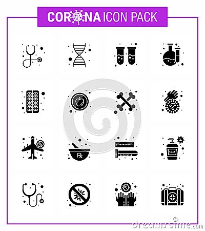 Coronavirus 2019-nCoV Covid-19 Prevention icon set apple, medical, test tube, capsule, laboratory Vector Illustration