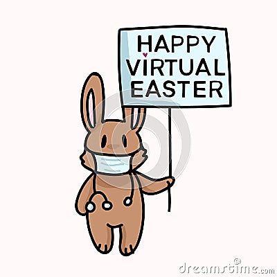 Corona virus happy easter bunny social media banner poster. Quarantine virtual stay home clipart. Stay positive covid 19 Vector Illustration