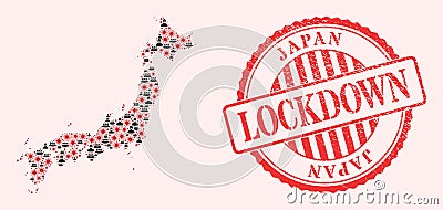 Corona Virus and Masked Men Mosaic Japan Map and Lockdown Grunge Stamp Vector Illustration