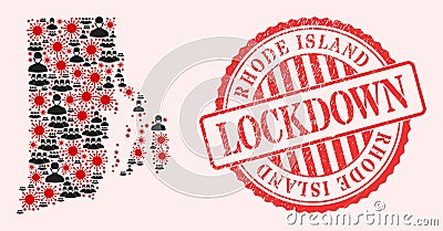 Corona Virus and Masked Men Mosaic Rhode Island State Map and Lockdown Watermark Seal Vector Illustration