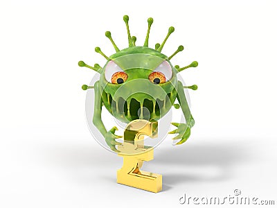 Corona virus monster attacks to pound sign. 3D illustration, cartoon virus character Cartoon Illustration