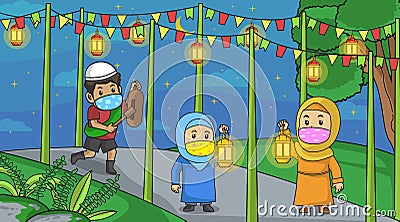 During the corona virus pandemic,muslim help another muslim to wake up for suhoor.Muslim ramadan month activity everyday.Using Vector Illustration