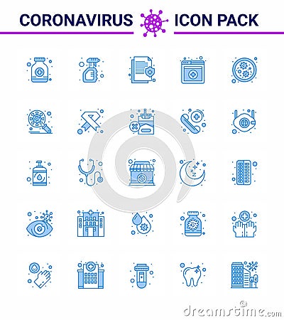 25 Coronavirus Emergency Iconset Blue Design such as bacteria, online, virus, medical, medical Vector Illustration