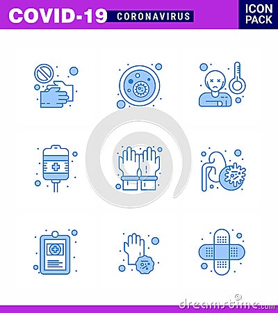 9 Blue viral Virus corona icon pack such as health care, recovery, covid, drip, sick Vector Illustration