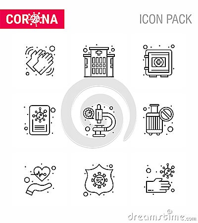 Corona virus prevention. covid19 tips to avoid injury 9 Line icon for presentation laboratory, virus, locker, report, securitybox Vector Illustration