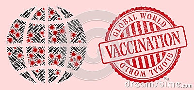 Corona Virus Vaccination Mosaic Planet Globe and Rubber Vaccination Stamp Vector Illustration