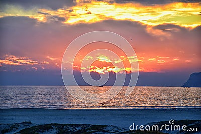 Coronado Beach in San Diego by the Historic Hotel del Coronado, at sunset with unique beach sand dunes, panorama view of the Pacif Stock Photo