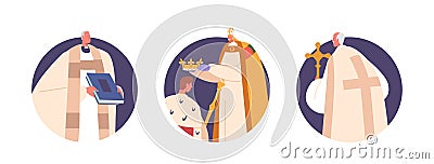 Coronation Ceremony Isolated Round Icons Or Avatars. King Standing On Knees With A Crown Placed On His Head By A Bishop Vector Illustration