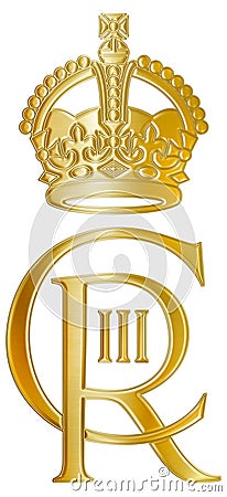 Coronation, Charles III third cipher symbol gold style, UK Cartoon Illustration