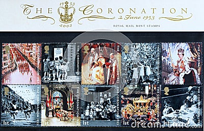 Coronation of Queen Elizabeth. First day commemorative stamp cover 1953. Editorial Stock Photo