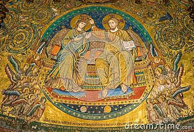 Coronation of the Virgin, mosaic by Jacopo Torriti in the Basilica of Santa Maria Maggiore in Rome, Italy. Editorial Stock Photo