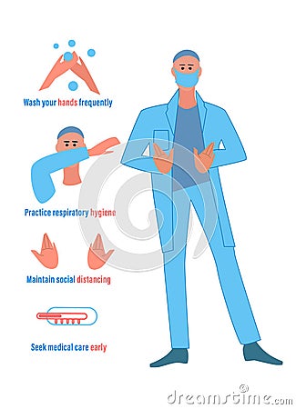Coronavirus awareness banner, poster, flyer. Female doctors with infection prevention recommendations Vector Illustration