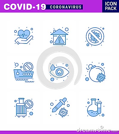 CORONAVIRUS 9 Blue Icon set on the theme of Corona epidemic contains icons such as crying, ship, bacteria, cruise, danger Vector Illustration