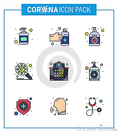 Coronavirus Awareness icon 9 Filled Line Flat Color icons. icon included building, security, cream, protection, bacteria Vector Illustration