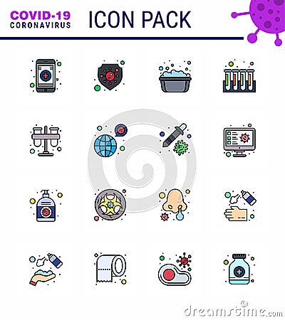 Coronavirus Awareness icon 16 Flat Color Filled Line icons. icon included lab, test, hand washing, tubes, experiment Vector Illustration