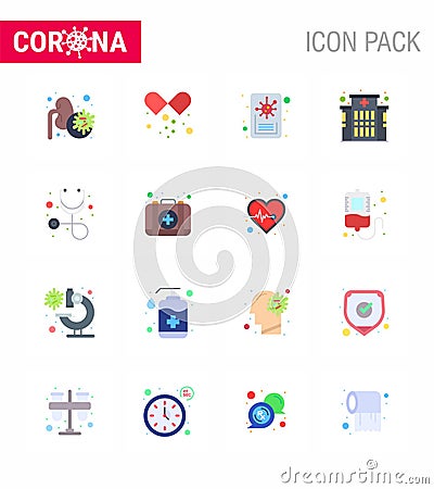 Coronavirus Prevention Set Icons. 16 Flat Color icon such as emergency, healthcare, news, diagnosis, clinic Vector Illustration