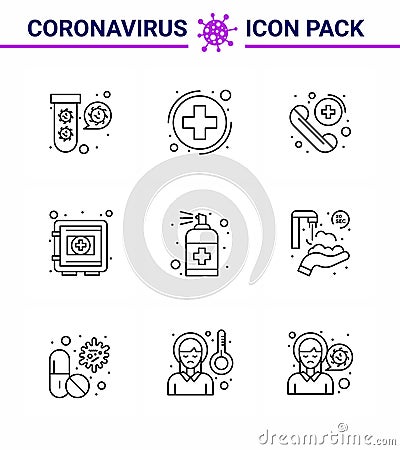 Coronavirus Awareness icon 9 Line icons. icon included securitybox, protection, sign, medical, care Vector Illustration