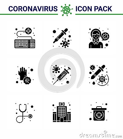 Coronavirus Awareness icon 9 Solid Glyph Black icons. icon included disease, covid, virus, virus, sick Vector Illustration