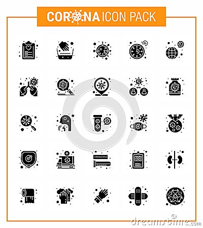 Coronavirus Awareness icon 25 Solid Glyph icons. icon included timer, seconds, water bowl, clock, life Vector Illustration