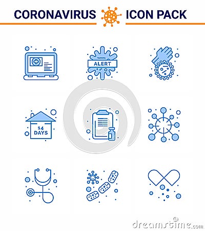 Coronavirus awareness icons. 9 Blue icon Corona Virus Flu Related such as clipboard, quarantine, virus, event, virus Vector Illustration