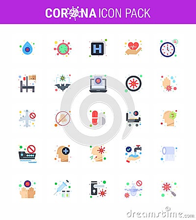 Coronavirus awareness icons. 25 Flat Color icon Corona Virus Flu Related such as timer, seconds, hospital, clock, heart Vector Illustration