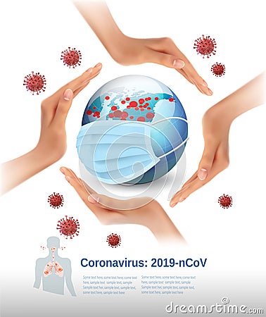 Coronavirus Background, COVID-19, Hands around earth globe wearing protective Medical Surgical Face mask Vector Illustration