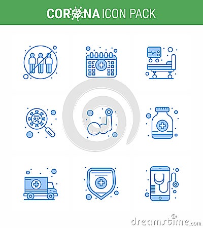 CORONAVIRUS 9 Blue Icon set on the theme of Corona epidemic contains icons such as virus, interfac, time, glass, scan virus Vector Illustration