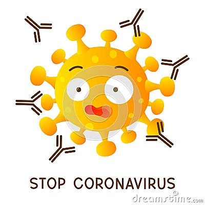 Coronavirus cartoon scared emoji attacked by antibodies isolated on white background Vector Illustration