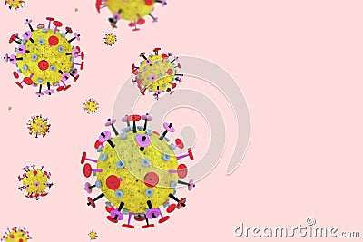 Coronavirus cells in on a pink background with copy space. Yellow red microscopic 3D molecule model of flu virus. Concept of COVID Stock Photo