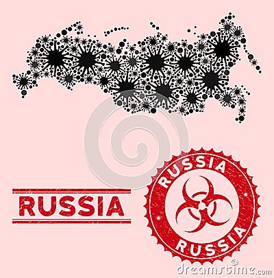 Coronavirus Collage Russia Map with Distress Biohazard Stamp Seals Vector Illustration
