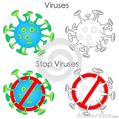 Coronavirus collection. Forbidden SOLID 19, stop corona, 2019 - nCoV, no SARS icon set. Green yellow black Corona virus. Pandemi Vector Illustration