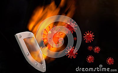 Coronavirus covid-19 attack and protection shield fire flames in black background high proetection safety - 3d rednering Stock Photo