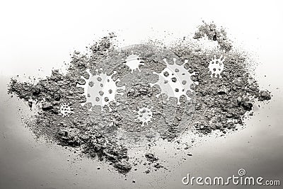 Coronavirus or covid-19 bacteria germ microorganism microbe drawing in ash, dirt or filth Stock Photo