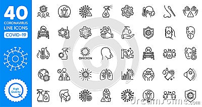 Coronavirus Covid line icons set. Coronavirus protection, Pneumonia virus and Omicron covid test. Vector Vector Illustration