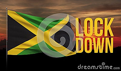 Coronavirus COVID-19 lockdown concept with waving national flag of Jamaica. Pandemic 3D illustration. Stock Photo