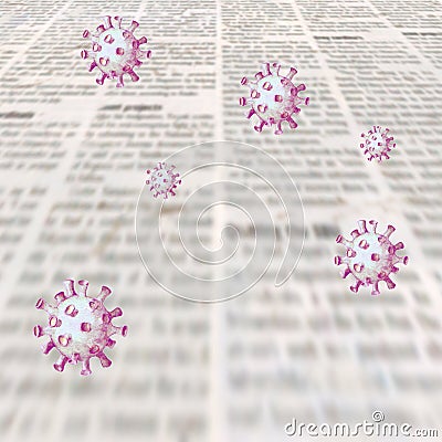 Coronavirus Covid-19 news. Newspaper surface with flying virus. Old newspapers background Stock Photo