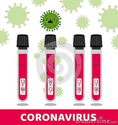 Coronavirus, covid-19. Positive and negative tests. Blood samples in glass tubes. Vector Illustration