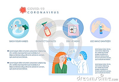Coronavirus covid-19 prevention poster, stop dangerous virus quarantine concept, vector illustration for poster Vector Illustration