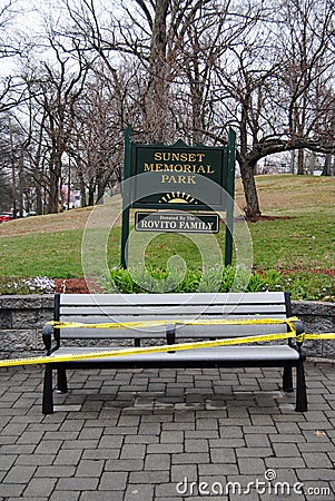 Coronavirus, COVID, Public Bench With Caution Tape, Do Not Sit, Rutherford, NJ, USA Editorial Stock Photo